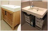 This gorgeous clean line bathroom vanity cabinet is custom designed & built to fit an existing vanity top.  Frame build from poplar wood and door panels from reclaimed teak wood.  -34" x 20 " x 28" (ht)