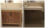 This gorgeous clean line bathroom vanity cabinet is custom designed & built to fit an existing vanity top.  Frame build from poplar wood and door panels from reclaimed teak wood.  -34" x 20 " x 28" (ht)