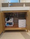 This gorgeous clean line bathroom vanity cabinet.  Custom designed & built to fit an existing floating vanity top.  Frame & door panels built from solid polar wood,  -34" x 20 " x 28" (ht)