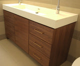 This gorgeous clean line walnut bathroom vanity custom designed & built to fit an existing vanity top, has beautiful details that will inspire your mornings and add the perfect ending to every day.