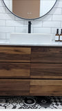 48" vanity cabinet is built from beautiful solid walnut wood , with exceptional grain pattern throughout.  Transforming the bathroom into an organic and contemporary space.    The vanity is made up of 6 soft close drawers with integrated lip handle - providing ample of storage space.  A perfect combination of functionality and style!