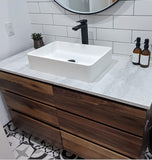 48" vanity cabinet is built from beautiful solid walnut wood , with exceptional grain pattern throughout.  Transforming the bathroom into an organic and contemporary space.    The vanity is made up of 6 soft close drawers with integrated lip handle - providing ample of storage space.  A perfect combination of functionality and style!