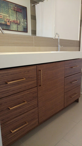 This gorgeous clean line walnut bathroom vanity custom designed & built to fit an existing vanity top, has beautiful details that will inspire your mornings and add the perfect ending to every day.  - 55" x 20 " x 28" (ht)